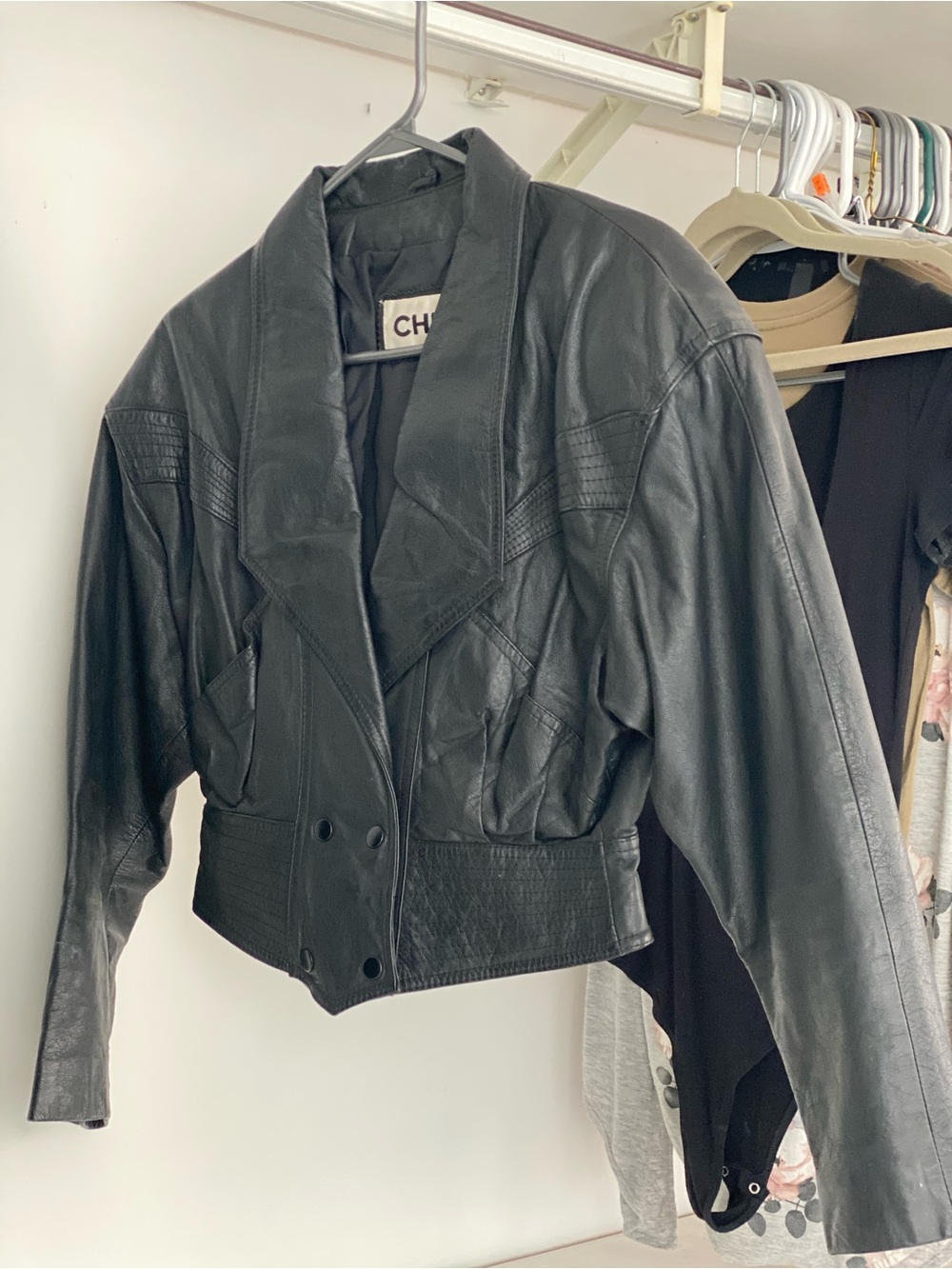 CH Leather Cropped Black Jacket with Shawl Collar